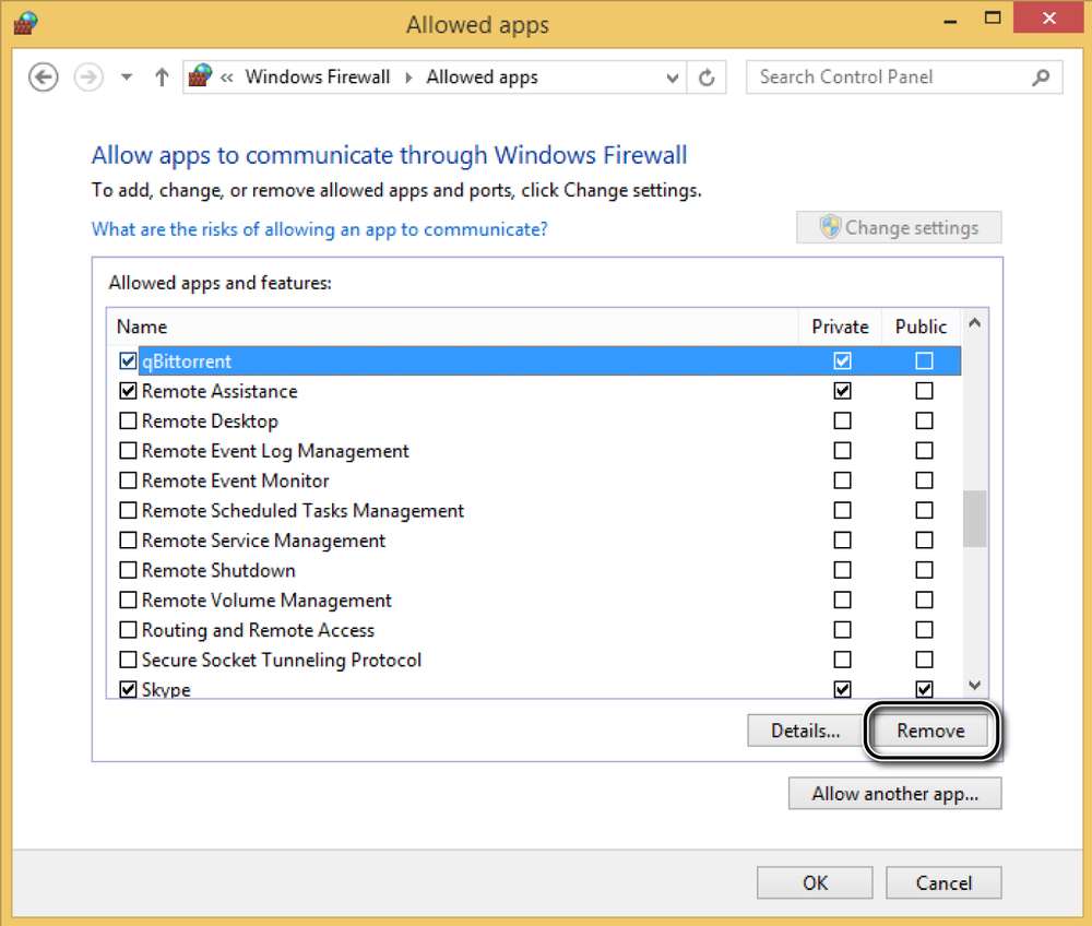 A screen shot of the Allowed Apps window where you can remove apps that are allowed to communicate through Windows Firewall.