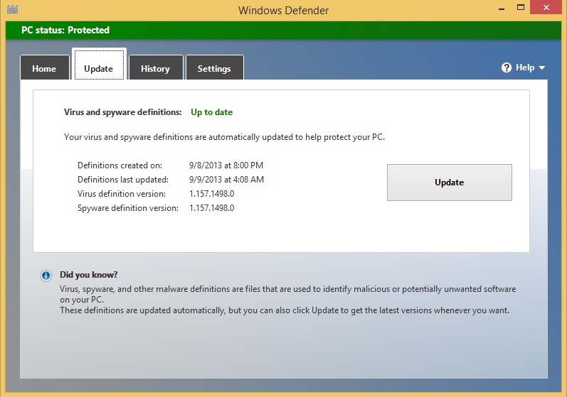 A screen shot of the Update tab in the Windows Defender window.