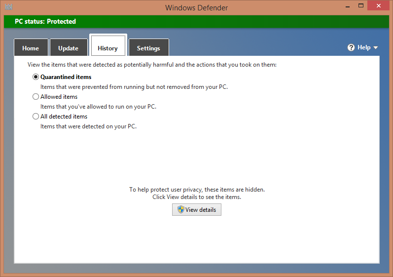 A screen shot of the History tab in the Windows Defender window.