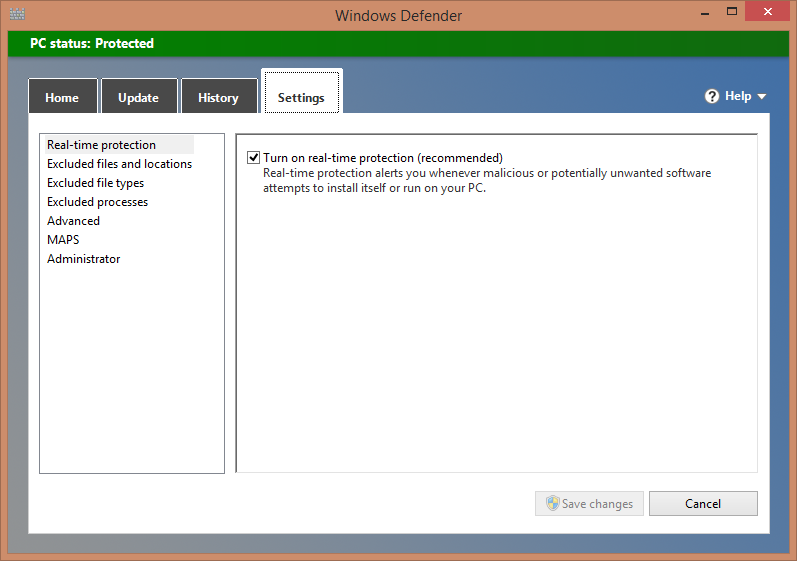 A screen shot of the Settings tab in the Windows Defender window.