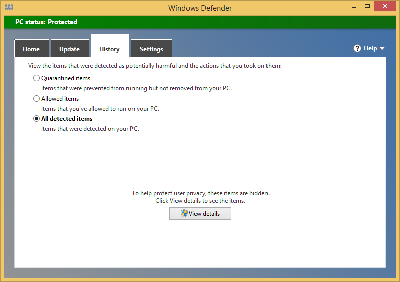 A screen shot of the History tab in the Windows Defender window.