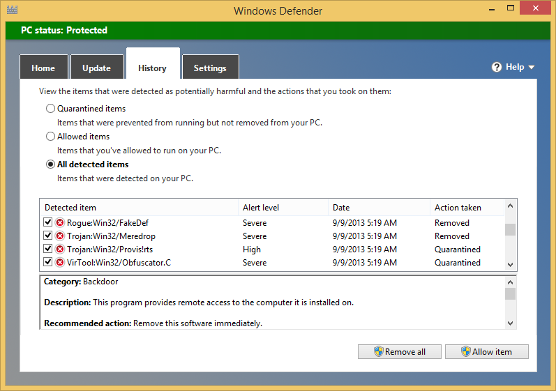 The History tab in Windows Defender displaying detected malware.