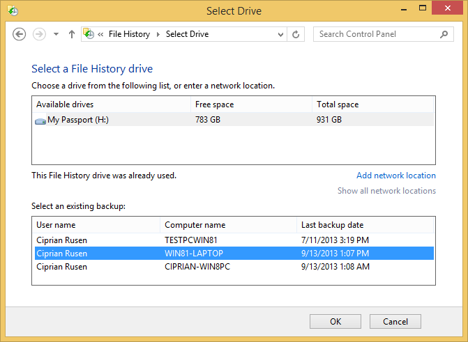 A screen shot of the Select Drive window listing available drives.