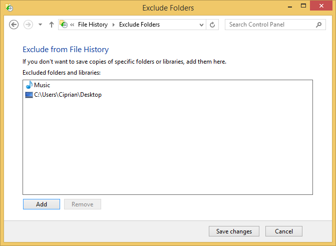 A screen shot of the Exclude Folders window, listing the libraries and folders excluded by the user.