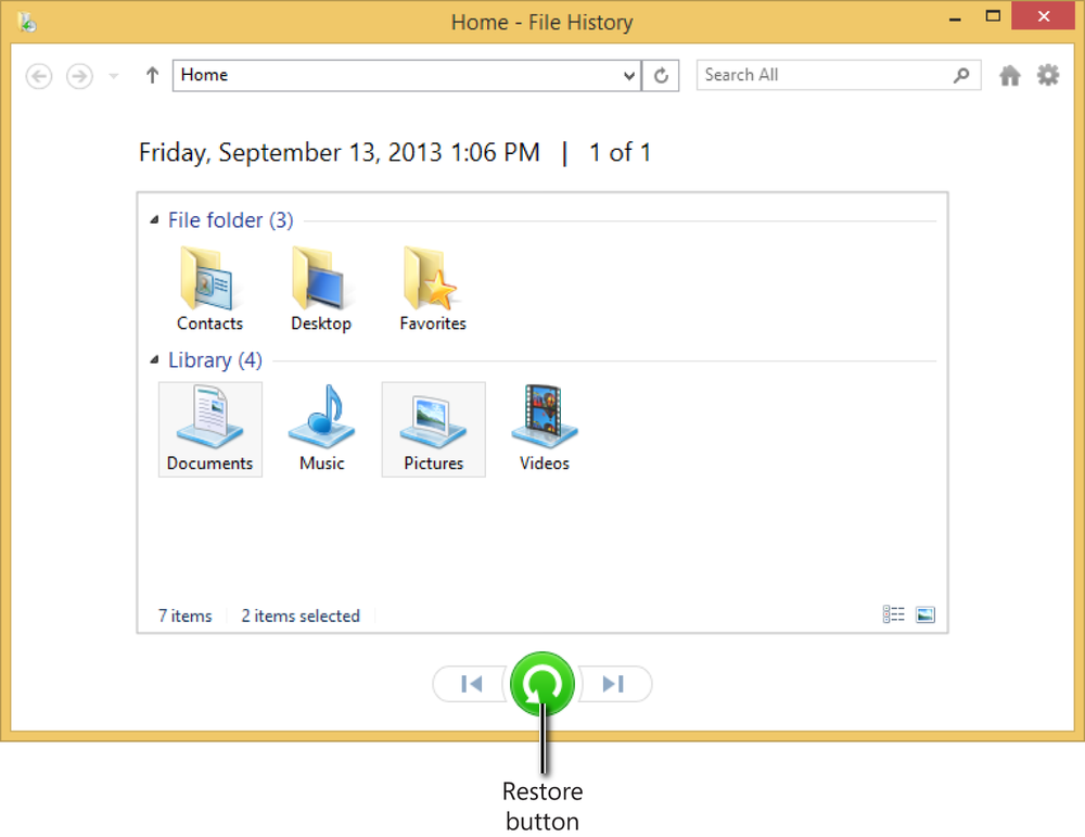 A screen shot of the File History wizard where you can restore files.