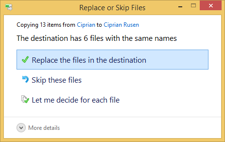 A screen shot of the Replace or Skip Files prompt.