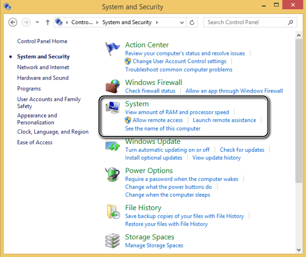 A screen shot of the System and Security section in Control Panel.