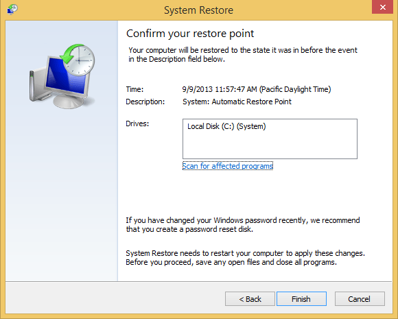 A screen shot of the System Restore wizard asking you to confirm the restoration process.