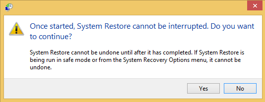 A screen shot of the System Restore wizard asking whether you want to continue.