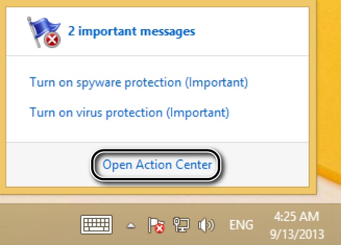 A screen shot of several messages shown by the Action Center.