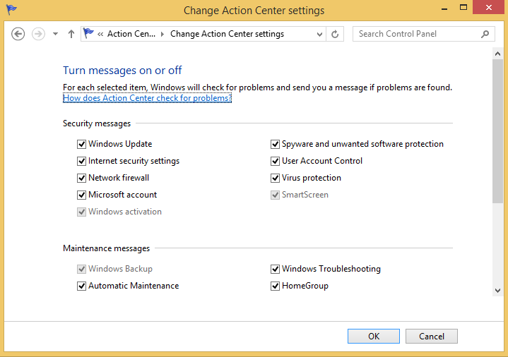 A screen shot of the Change Action Center settings window.