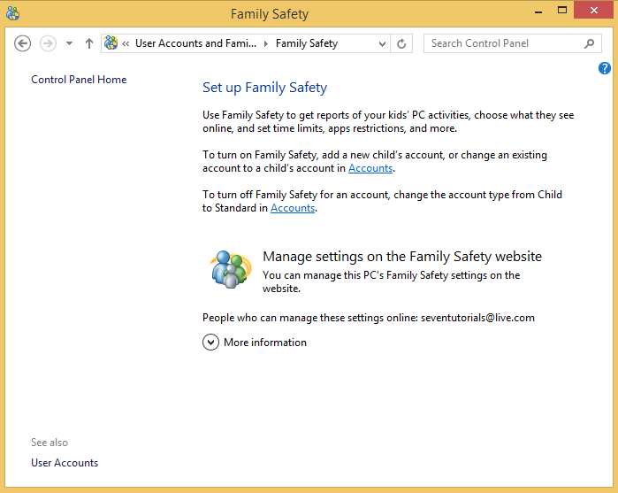 A screen shot of the Family Safety window where you can set up this feature.