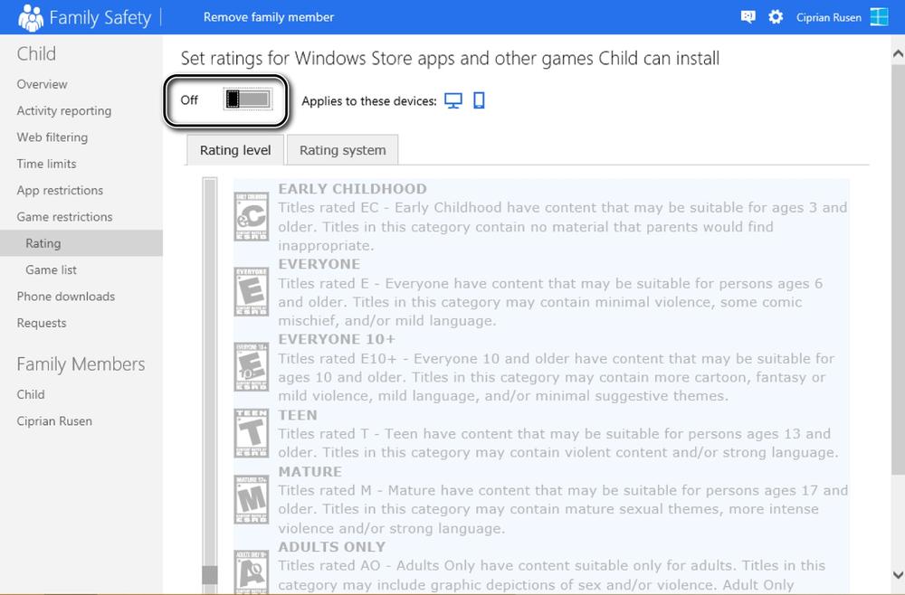 A screen shot of the User Settings window where you can set up the rules applied to your child?s account.