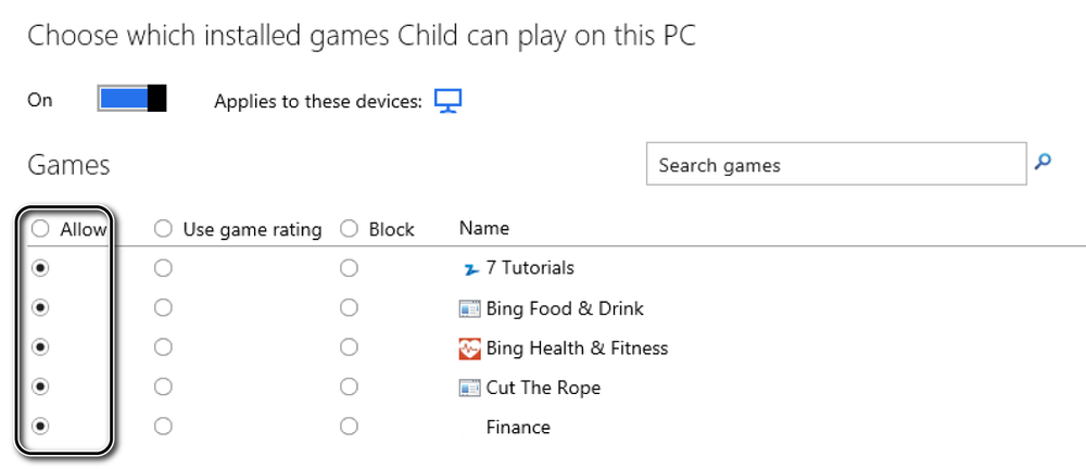 A screen shot of the Game And Windows Store Restrictions window where you can set restrictions for your child.