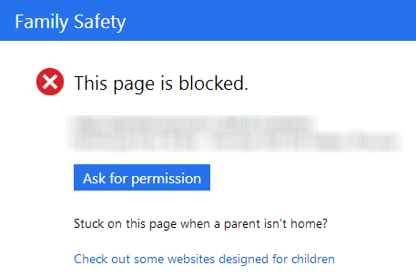 A screen shot of the This Page is Blocked notification shown by Family Safety.