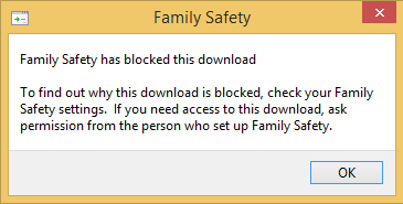 A screen shot of the blocked download notification shown by Family Safety.