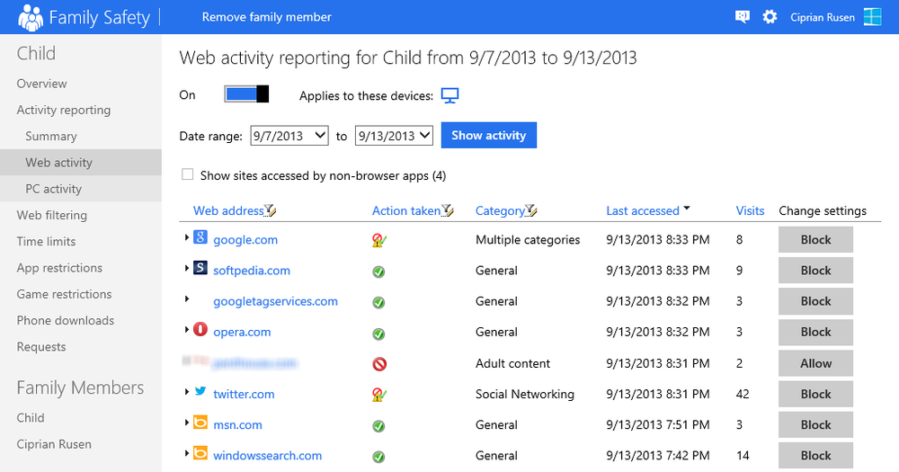 A screen shot of the User Activities report shown by Family Safety.