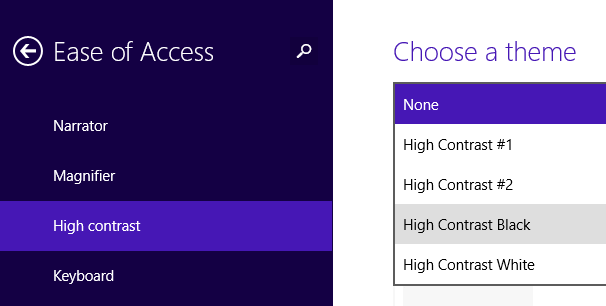 A screen shot of the Ease of Acess window where you can enable a high contrast option.
