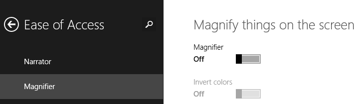 A screen shot of the Magnifier turned off in PC Settings.