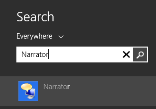 A screen shot of how to open Narrator from the Start screen.