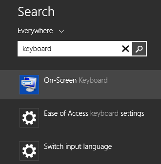 A screen shot of a search for Keyboard to locate the on-screen keyboard.