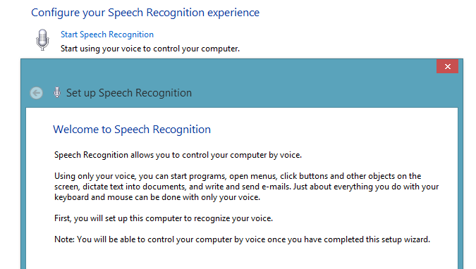 A screen shot of how to configure Speech Recognition.