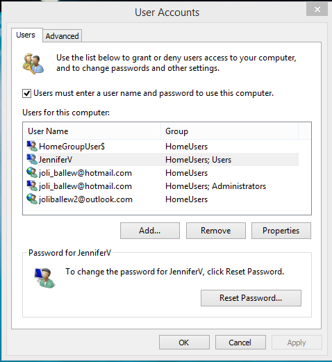 A screen shot of how to locate your account settings in the User Accounts dialog box.