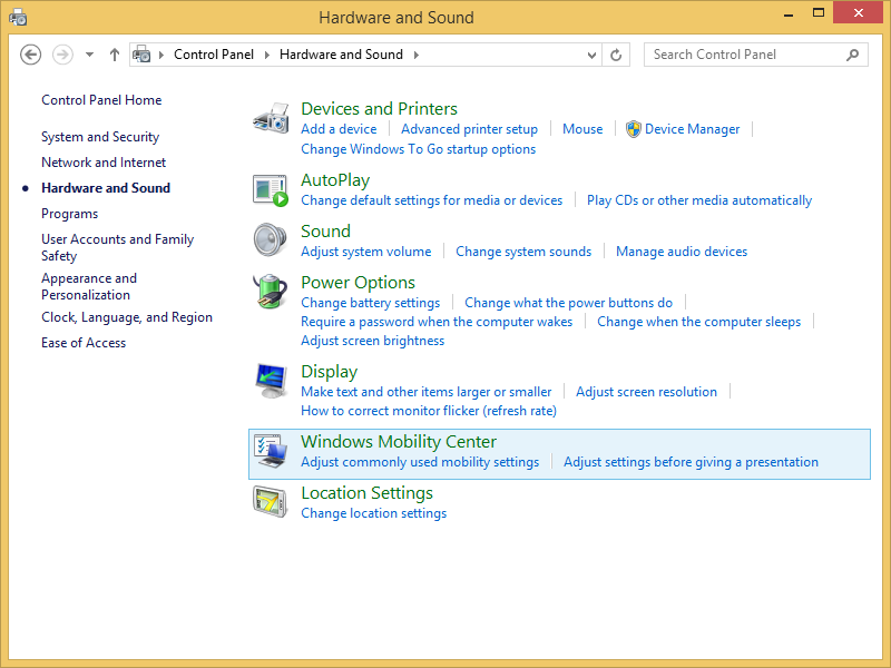 A screen shot of the Hardware and Sound section in Control Panel.