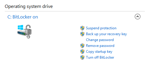 A screen shot of the operating system drive in the BitLocker Drive Encryption window.