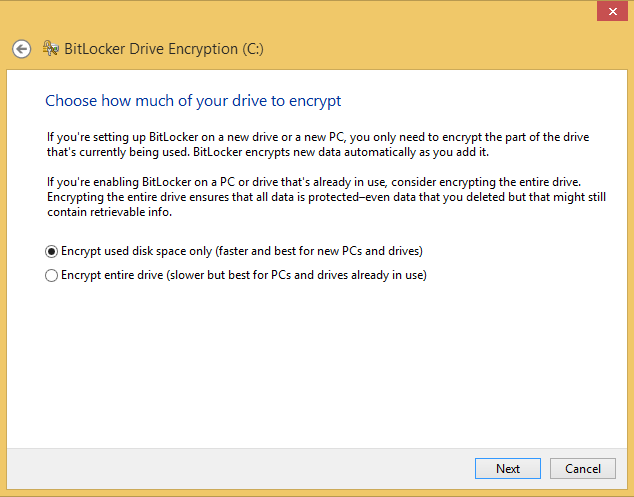 A screen shot of the BitLocker Drive Encryption wizard, where you choose how much of your drive to encrypt.