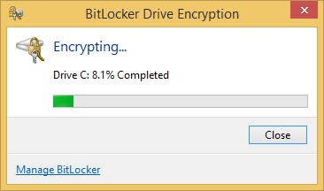 A screen shot of the BitLocker Drive Encryption progress window.