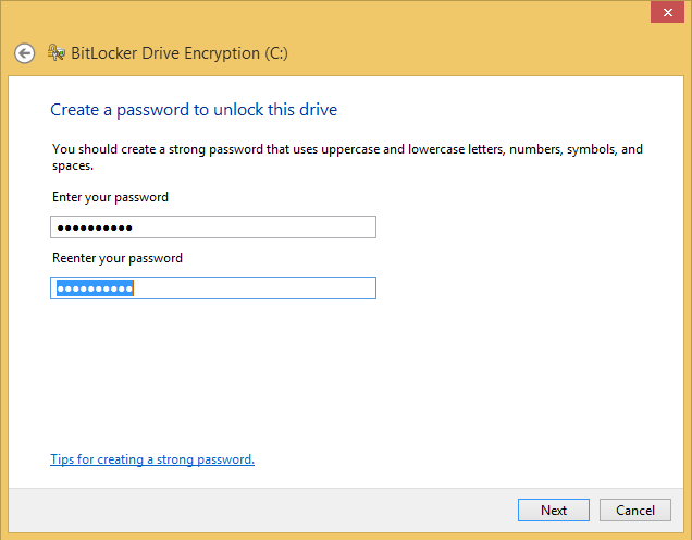 A screen shot of the BitLocker Drive Encryption wizard, prompting you to create a password to unlock a drive.