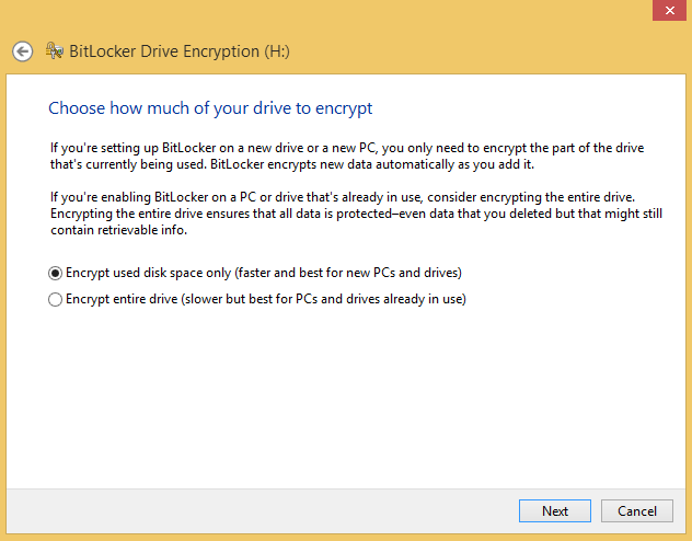 A screen shot of the BitLocker Drive Encryption wizard with options of how much of your drive to encrypt.