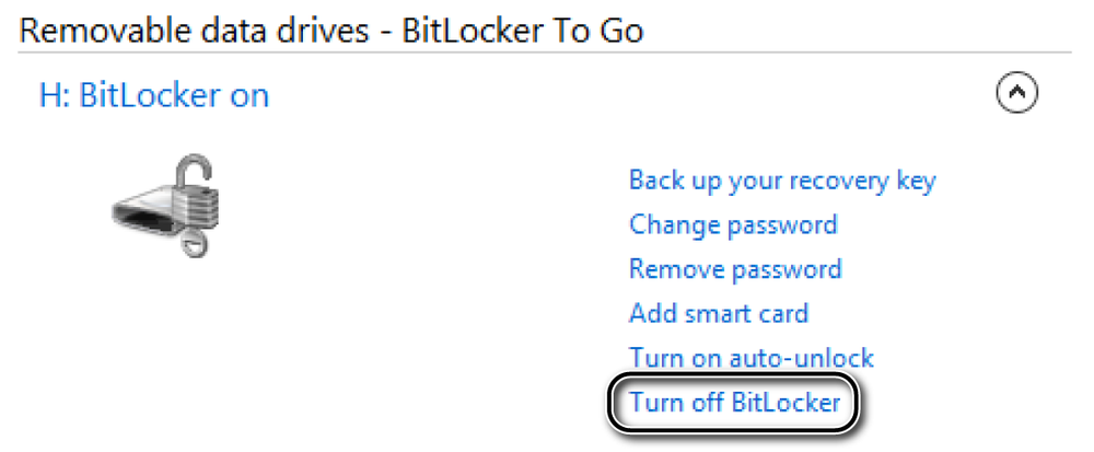 A screen shot of a removable data drive in the BitLocker Drive Encryption window.