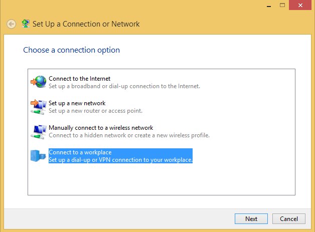 A screen shot of the Set Up A Connection Or Network wizard.