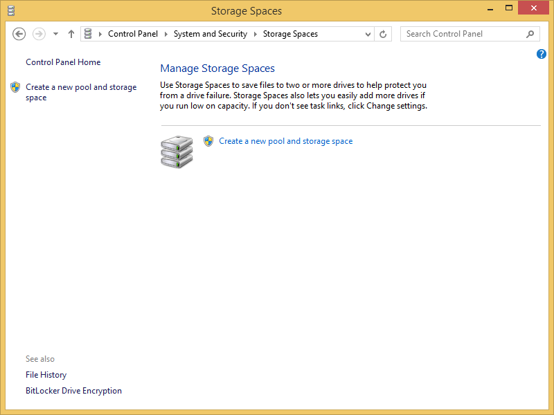 A screen shot of the Storage Spaces window.