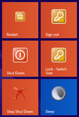 A screen shot of a group of shortcuts on the Start screen.