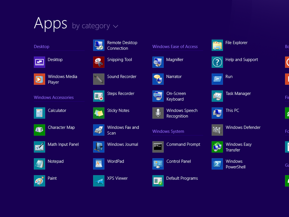 A screen shot of the Apps view, accessible from the Start screen.