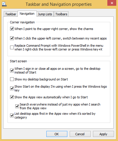 A screen shot of the Taskbar And Navigation Properties window.