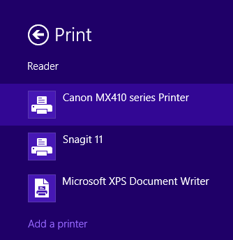 A screen shot of the list of printers available.