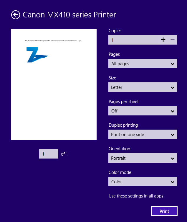 A screen shot of the Print dialog for Windows apps.