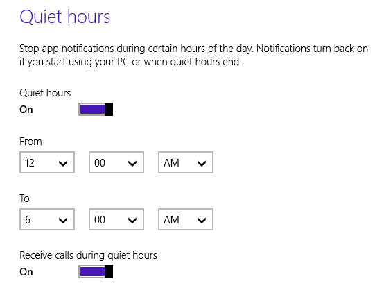 A screen shot of the Quiet hours defined by the user.