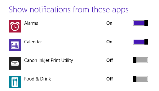 A screen shot of the list of apps for which Windows shows notifications.