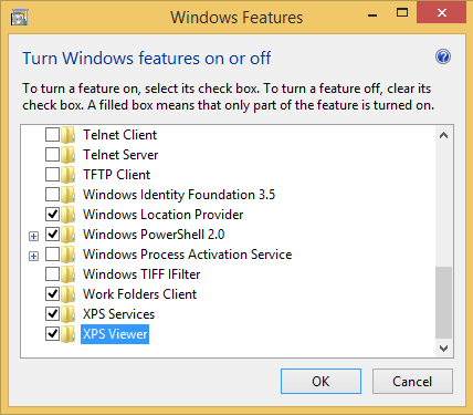 A screen shot of the Windows Features window.