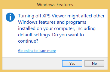 A screen shot of the Windows Features prompt.