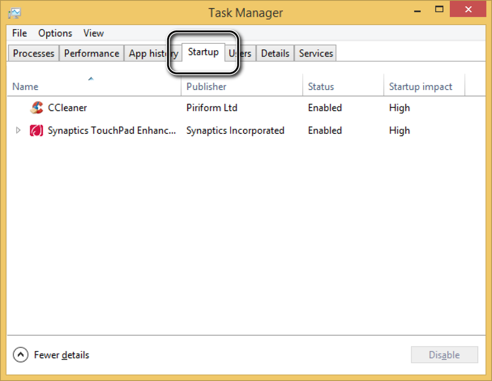 A screen shot of the Startup tab in the Task Manager window.