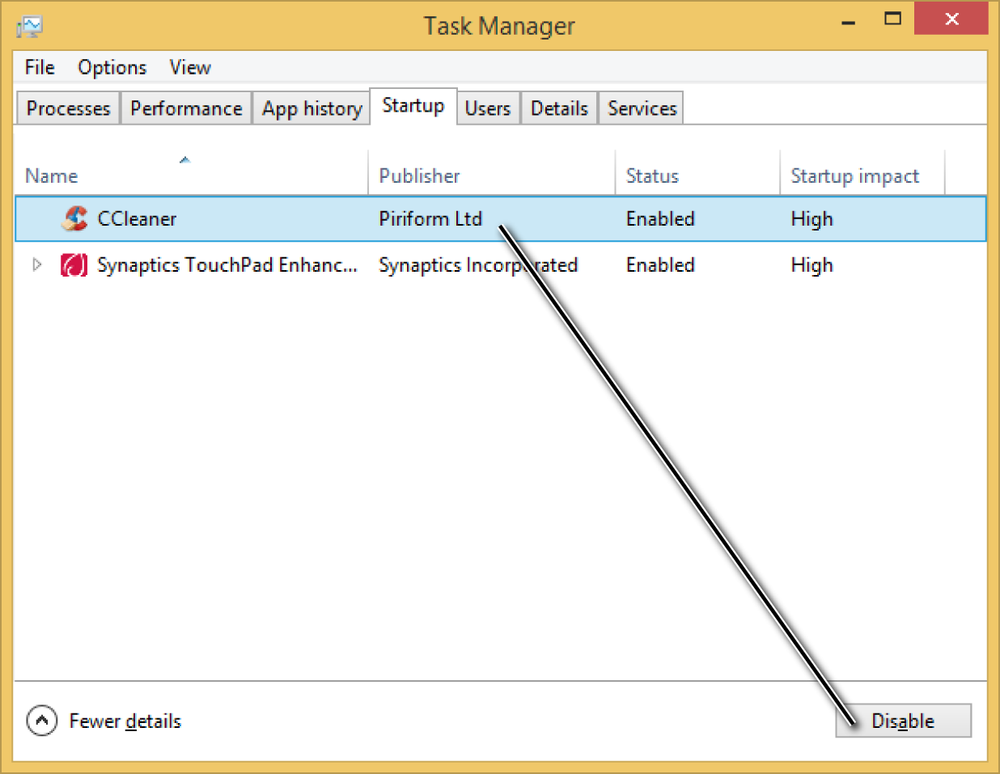 A screen shot of the Startup tab and Disable button in the Task Manager window.