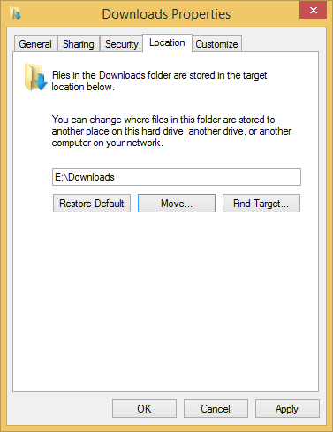 A screen shot of the Location tab in the Properties window for the Downloads folder.