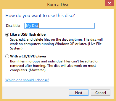 A screen shot of the Burn A Disc window.