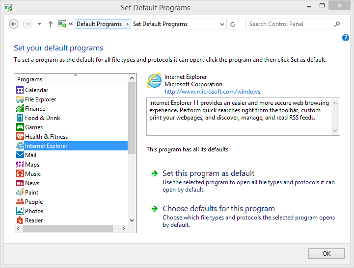 A screen shot of the Set Default Programs dialog box Associate A File Type Or Protocol With A Program?This setting lists all the file extensions registered on your Windows computer or device so you can change the default program or app used to open each file extension.